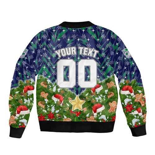 Personalised New Zealand Warriors Rugby Christmas Sleeve Zip Bomber Jacket Santa Rugby Mascot - Pine Wreath Festive