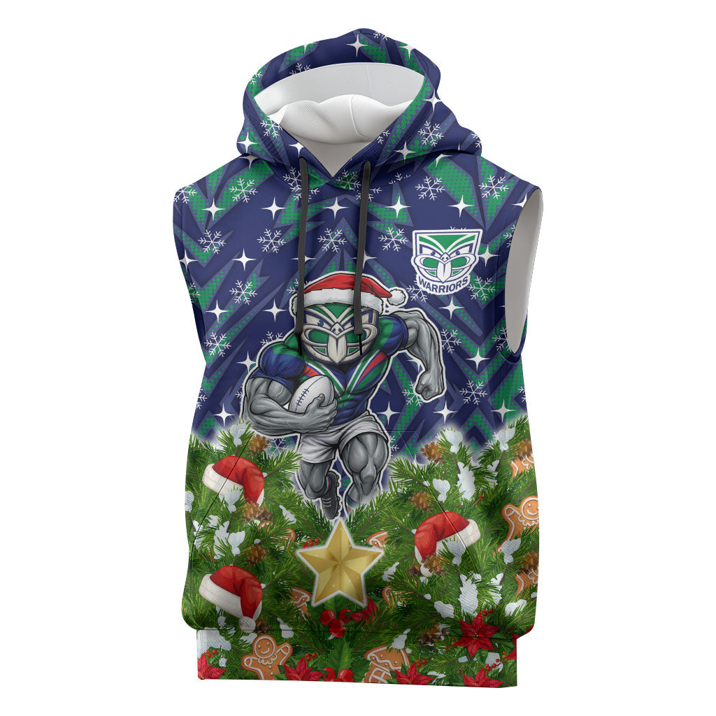 Personalised New Zealand Warriors Rugby Christmas Sleeveless Hoodie Santa Rugby Mascot - Pine Wreath Festive