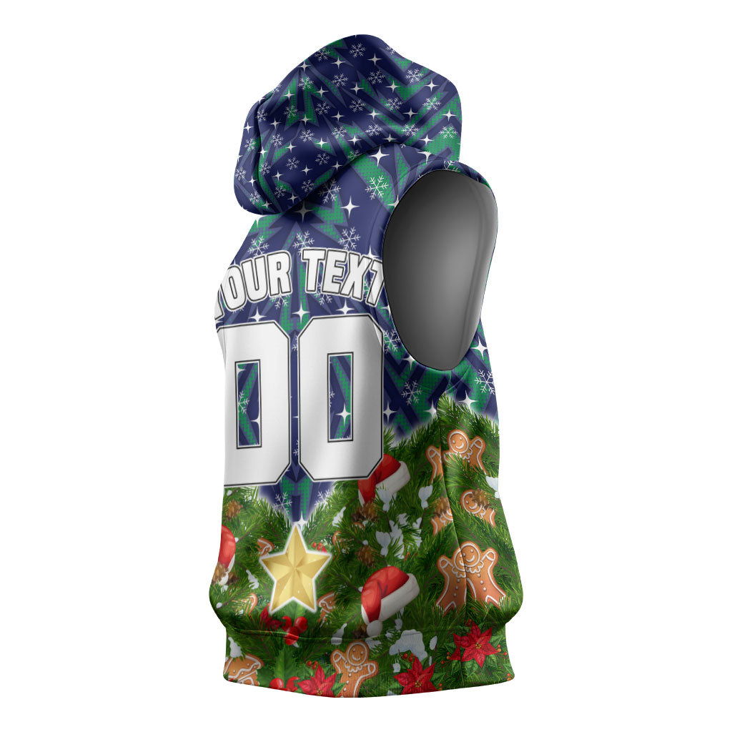 Personalised New Zealand Warriors Rugby Christmas Sleeveless Hoodie Santa Rugby Mascot - Pine Wreath Festive