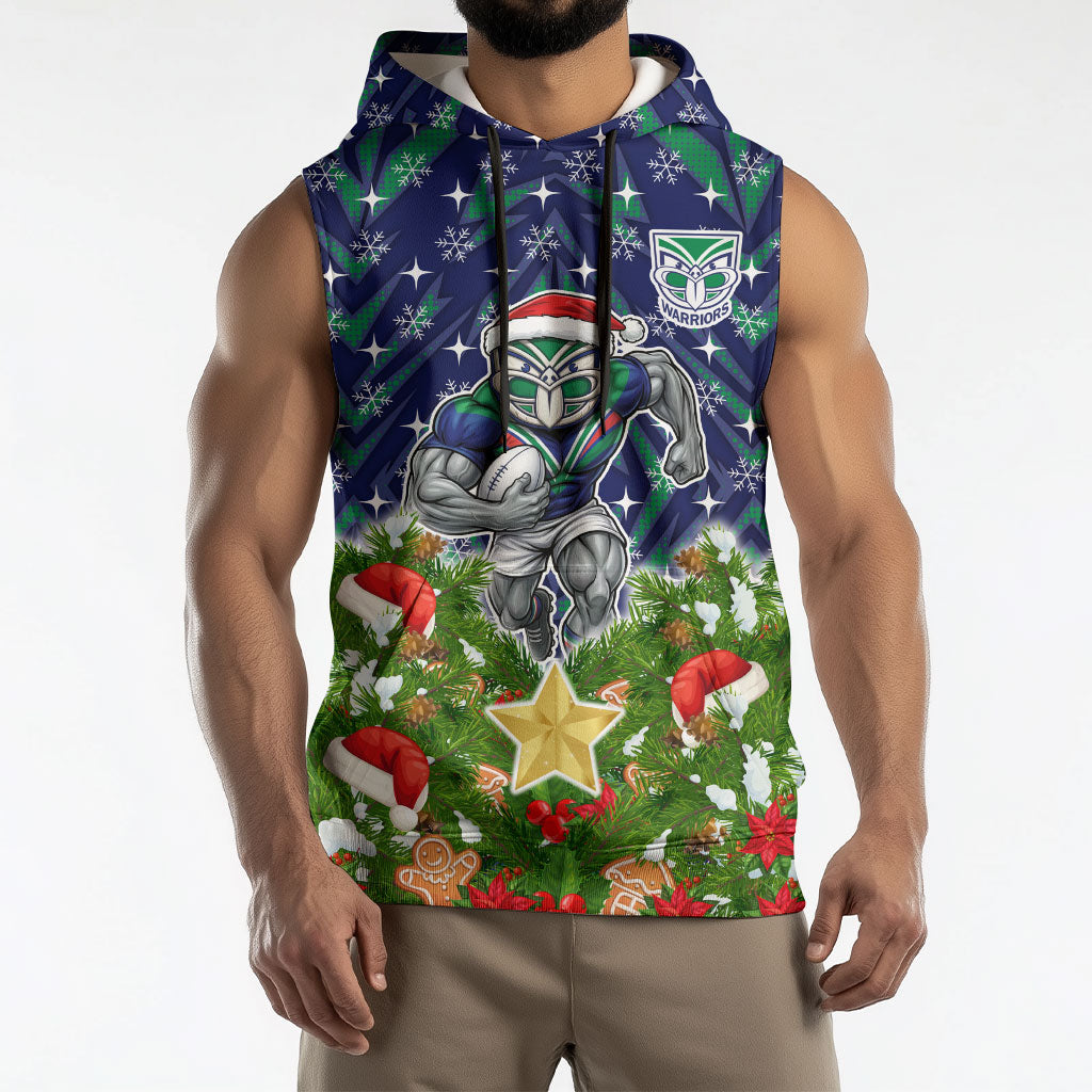 Personalised New Zealand Warriors Rugby Christmas Sleeveless Hoodie Santa Rugby Mascot - Pine Wreath Festive