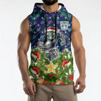 Personalised New Zealand Warriors Rugby Christmas Sleeveless Hoodie Santa Rugby Mascot - Pine Wreath Festive