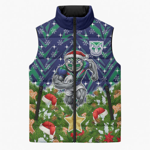 Personalised New Zealand Warriors Rugby Christmas Sleeveless Puffer Jacket Santa Rugby Mascot - Pine Wreath Festive