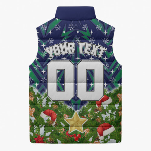 Personalised New Zealand Warriors Rugby Christmas Sleeveless Puffer Jacket Santa Rugby Mascot - Pine Wreath Festive