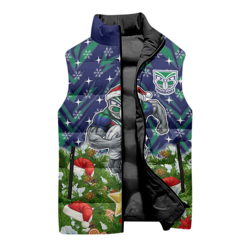 Personalised New Zealand Warriors Rugby Christmas Sleeveless Puffer Jacket Santa Rugby Mascot - Pine Wreath Festive