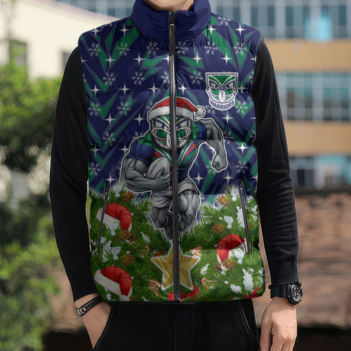 Personalised New Zealand Warriors Rugby Christmas Sleeveless Puffer Jacket Santa Rugby Mascot - Pine Wreath Festive