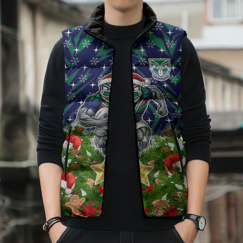Personalised New Zealand Warriors Rugby Christmas Sleeveless Puffer Jacket Santa Rugby Mascot - Pine Wreath Festive