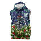 Personalised New Zealand Warriors Rugby Christmas Sleeveless Zip Hoodie Santa Rugby Mascot - Pine Wreath Festive