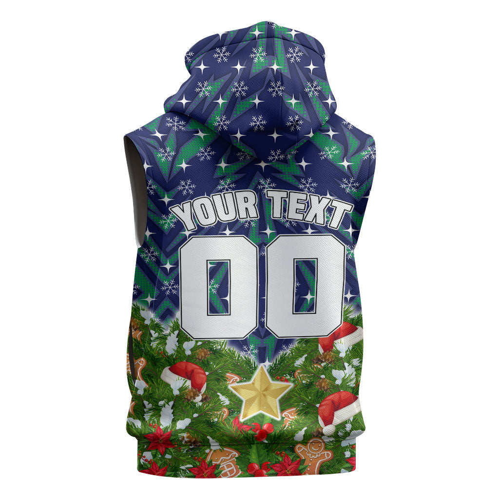 Personalised New Zealand Warriors Rugby Christmas Sleeveless Zip Hoodie Santa Rugby Mascot - Pine Wreath Festive