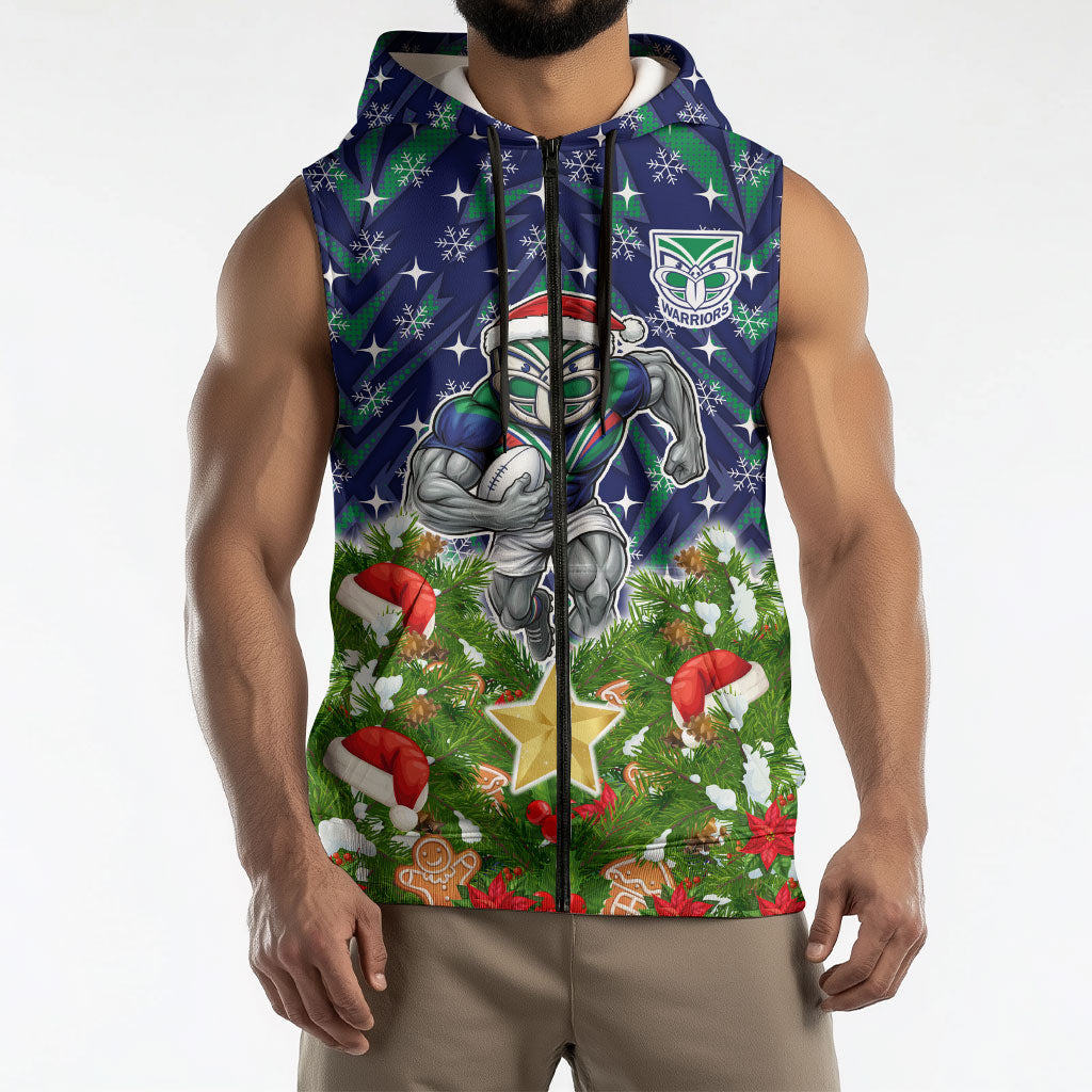 Personalised New Zealand Warriors Rugby Christmas Sleeveless Zip Hoodie Santa Rugby Mascot - Pine Wreath Festive
