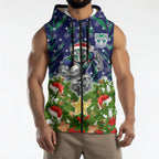 Personalised New Zealand Warriors Rugby Christmas Sleeveless Zip Hoodie Santa Rugby Mascot - Pine Wreath Festive