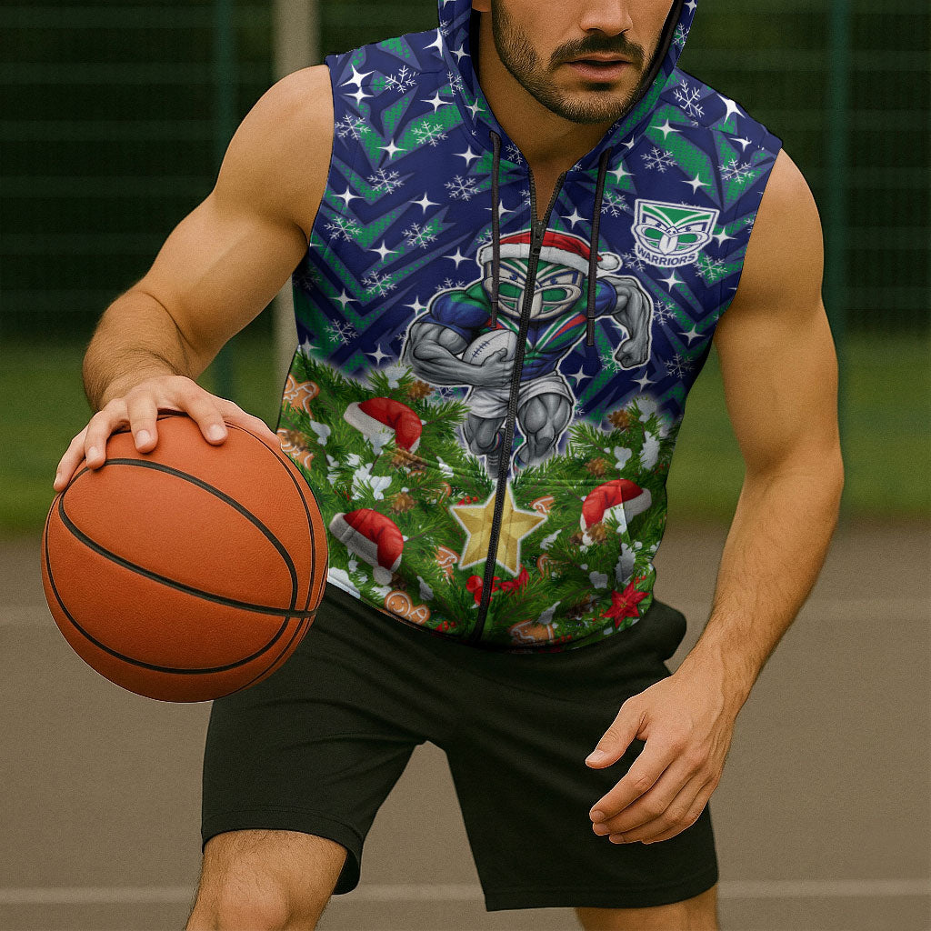 Personalised New Zealand Warriors Rugby Christmas Sleeveless Zip Hoodie Santa Rugby Mascot - Pine Wreath Festive