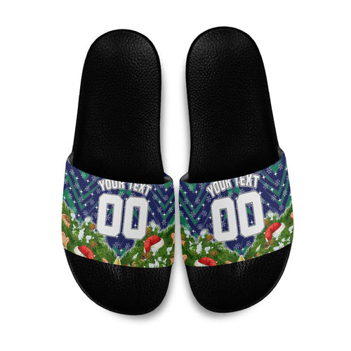 Personalised New Zealand Warriors Rugby Christmas Slide Sandals Santa Rugby Mascot - Pine Wreath Festive