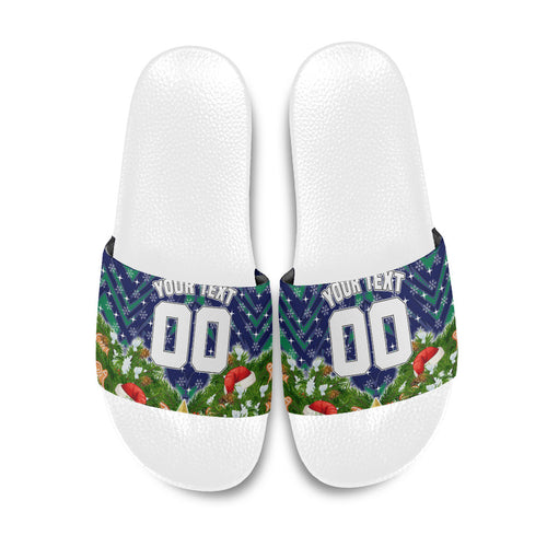 Personalised New Zealand Warriors Rugby Christmas Slide Sandals Santa Rugby Mascot - Pine Wreath Festive