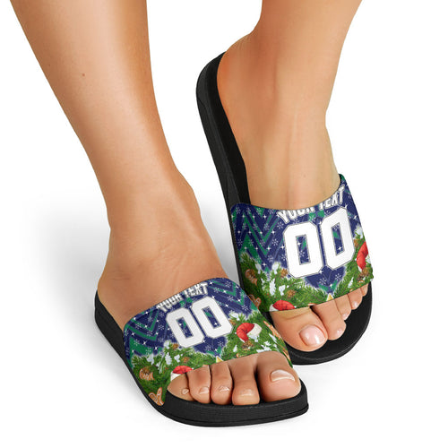 Personalised New Zealand Warriors Rugby Christmas Slide Sandals Santa Rugby Mascot - Pine Wreath Festive
