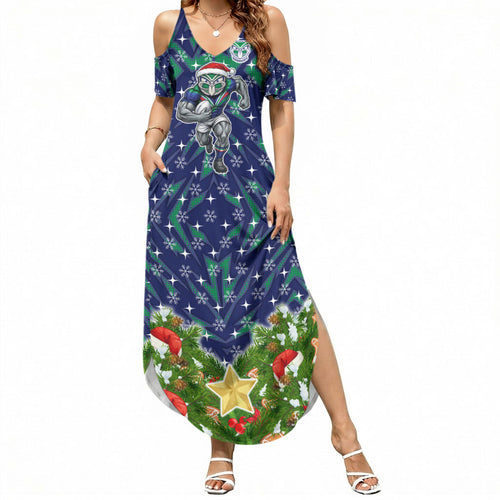 Personalised New Zealand Warriors Rugby Christmas Summer Maxi Dress Santa Rugby Mascot - Pine Wreath Festive