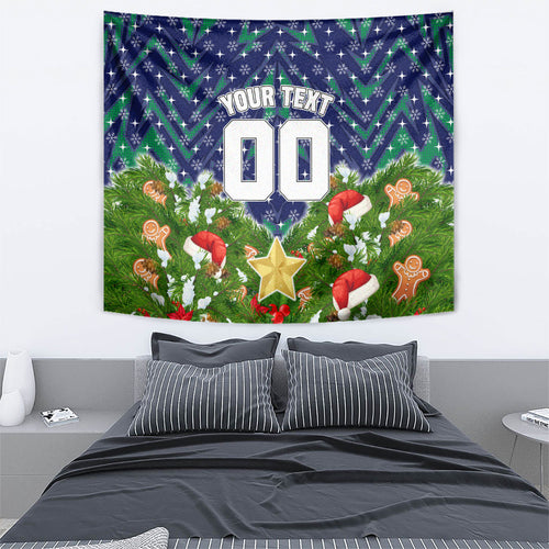 Personalised New Zealand Warriors Rugby Christmas Tapestry Santa Rugby Mascot - Pine Wreath Festive