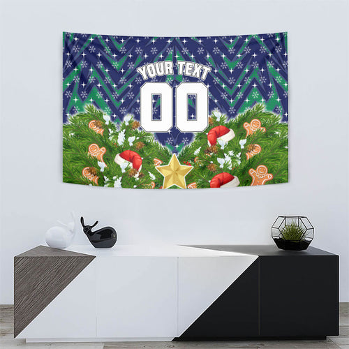 Personalised New Zealand Warriors Rugby Christmas Tapestry Santa Rugby Mascot - Pine Wreath Festive