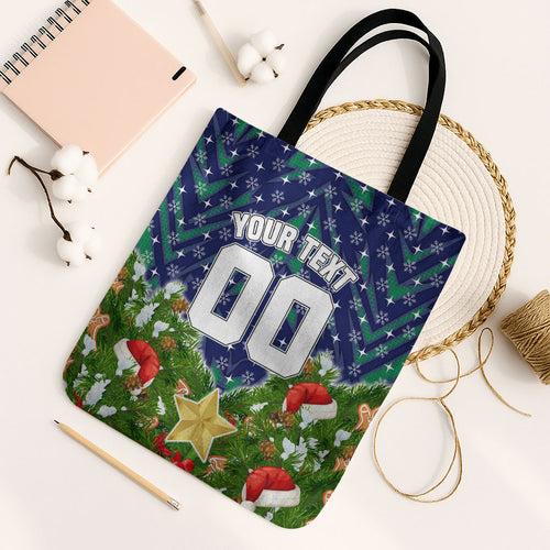 Personalised New Zealand Warriors Rugby Christmas Tote Bag Santa Rugby Mascot - Pine Wreath Festive