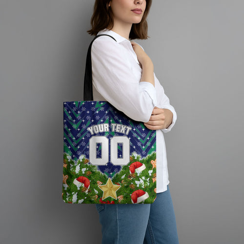 Personalised New Zealand Warriors Rugby Christmas Tote Bag Santa Rugby Mascot - Pine Wreath Festive