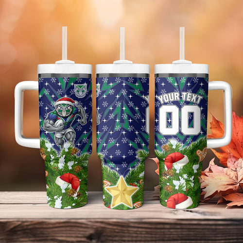 Personalised New Zealand Warriors Rugby Christmas Tumbler With Handle Santa Rugby Mascot - Pine Wreath Festive