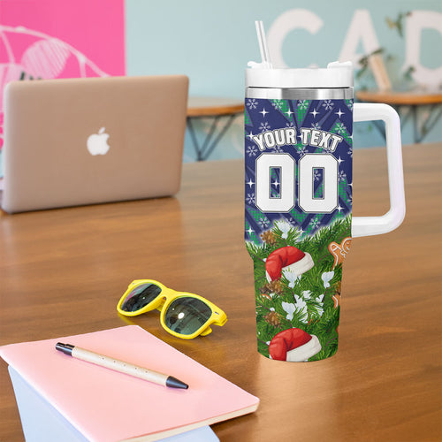 Personalised New Zealand Warriors Rugby Christmas Tumbler With Handle Santa Rugby Mascot - Pine Wreath Festive