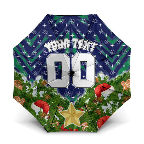 Personalised New Zealand Warriors Rugby Christmas Umbrella Santa Rugby Mascot - Pine Wreath Festive