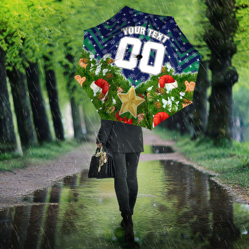 Personalised New Zealand Warriors Rugby Christmas Umbrella Santa Rugby Mascot - Pine Wreath Festive