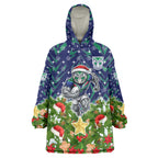 Personalised New Zealand Warriors Rugby Christmas Wearable Blanket Hoodie Santa Rugby Mascot - Pine Wreath Festive