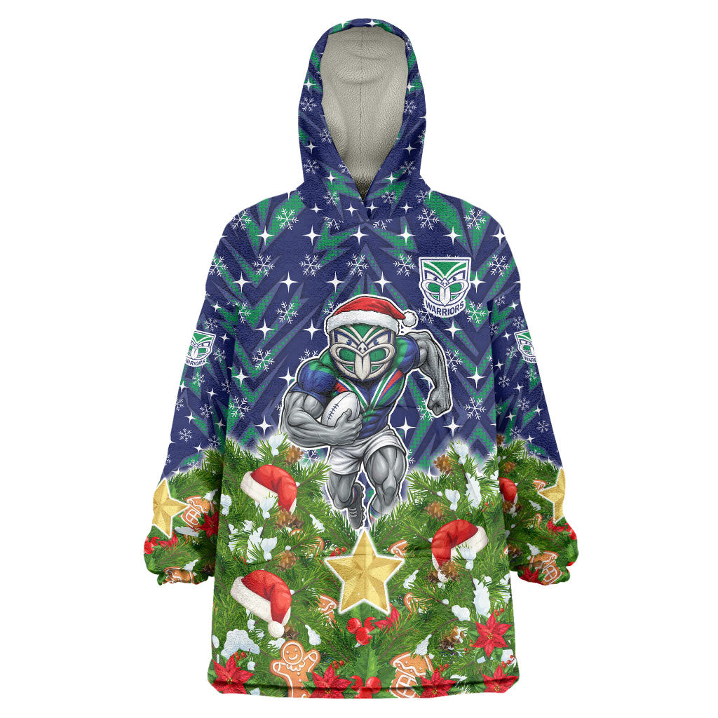 Personalised New Zealand Warriors Rugby Christmas Wearable Blanket Hoodie Santa Rugby Mascot - Pine Wreath Festive