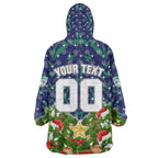 Personalised New Zealand Warriors Rugby Christmas Wearable Blanket Hoodie Santa Rugby Mascot - Pine Wreath Festive