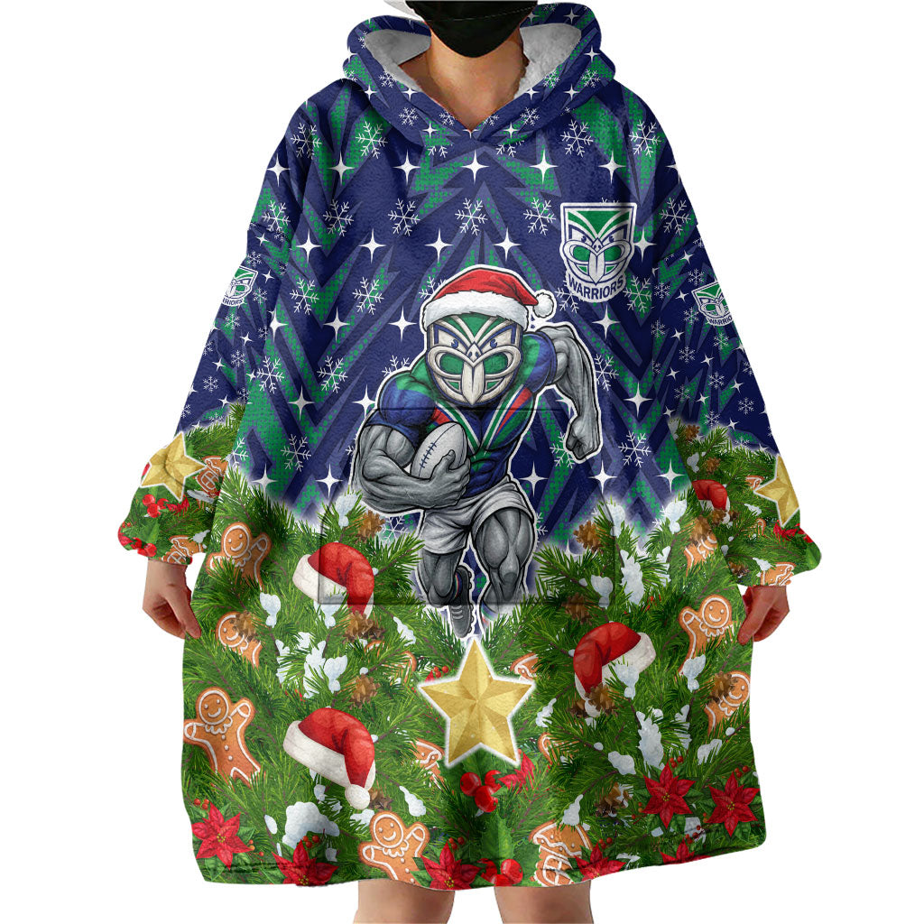 Personalised New Zealand Warriors Rugby Christmas Wearable Blanket Hoodie Santa Rugby Mascot - Pine Wreath Festive