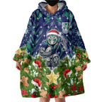 Personalised New Zealand Warriors Rugby Christmas Wearable Blanket Hoodie Santa Rugby Mascot - Pine Wreath Festive