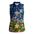 Personalised New Zealand Warriors Rugby Christmas Women Sleeveless Polo Shirt Santa Rugby Mascot - Pine Wreath Festive