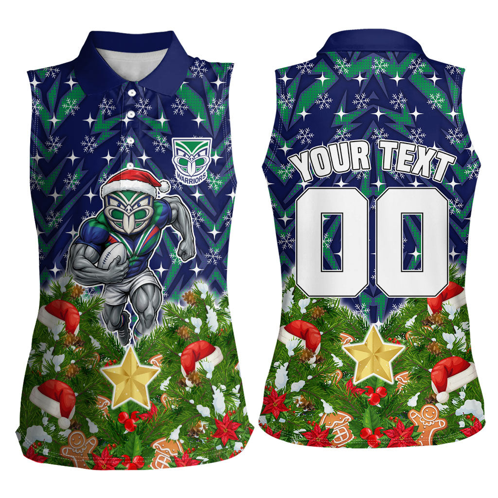 Personalised New Zealand Warriors Rugby Christmas Women Sleeveless Polo Shirt Santa Rugby Mascot - Pine Wreath Festive