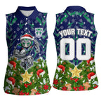 Personalised New Zealand Warriors Rugby Christmas Women Sleeveless Polo Shirt Santa Rugby Mascot - Pine Wreath Festive