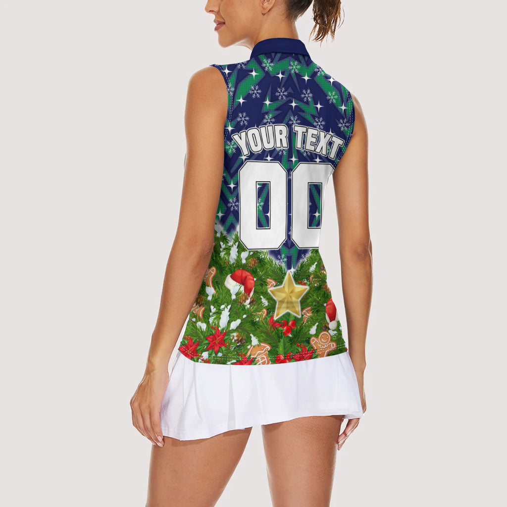 Personalised New Zealand Warriors Rugby Christmas Women Sleeveless Polo Shirt Santa Rugby Mascot - Pine Wreath Festive