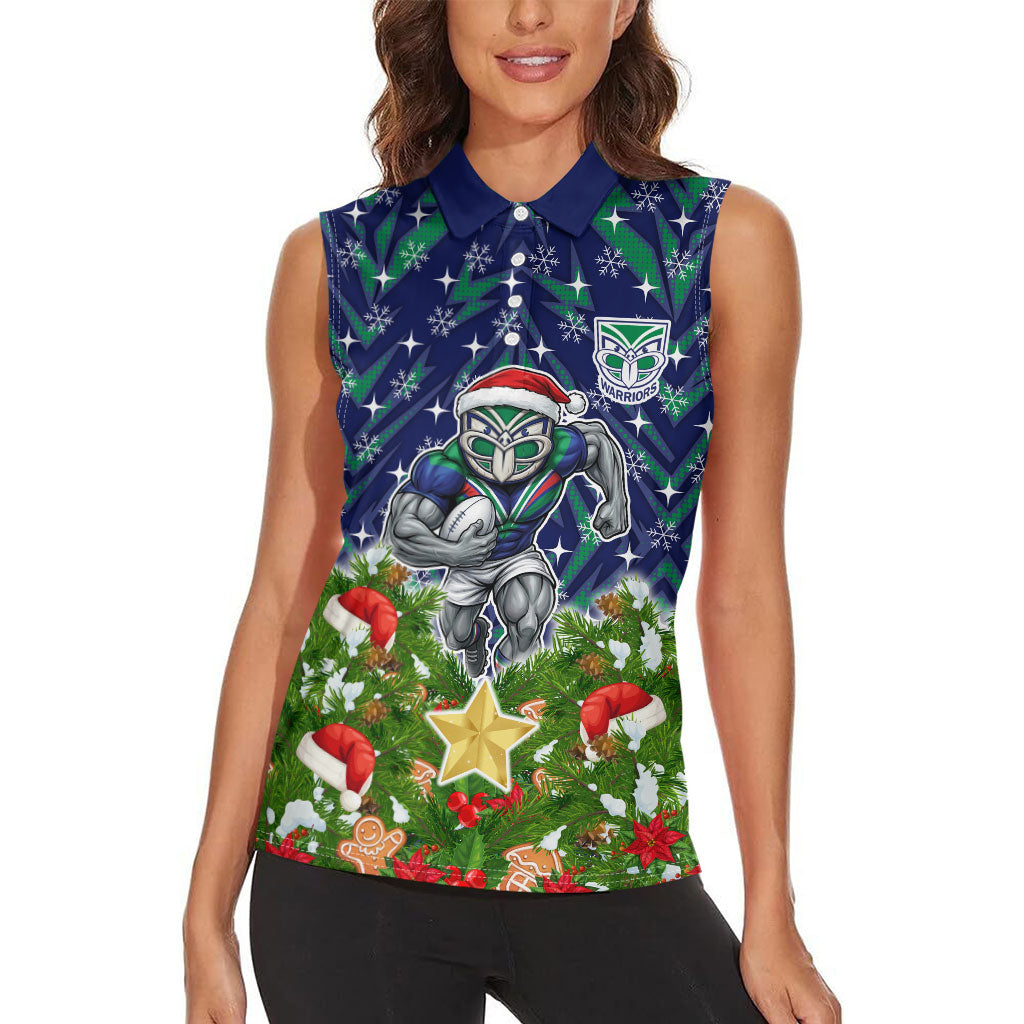 Personalised New Zealand Warriors Rugby Christmas Women Sleeveless Polo Shirt Santa Rugby Mascot - Pine Wreath Festive