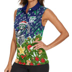 Personalised New Zealand Warriors Rugby Christmas Women Sleeveless Polo Shirt Santa Rugby Mascot - Pine Wreath Festive