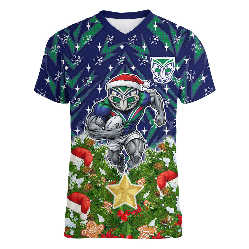 Personalised New Zealand Warriors Rugby Christmas Women V-Neck T-Shirt Santa Rugby Mascot - Pine Wreath Festive