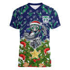 Personalised New Zealand Warriors Rugby Christmas Women V-Neck T-Shirt Santa Rugby Mascot - Pine Wreath Festive