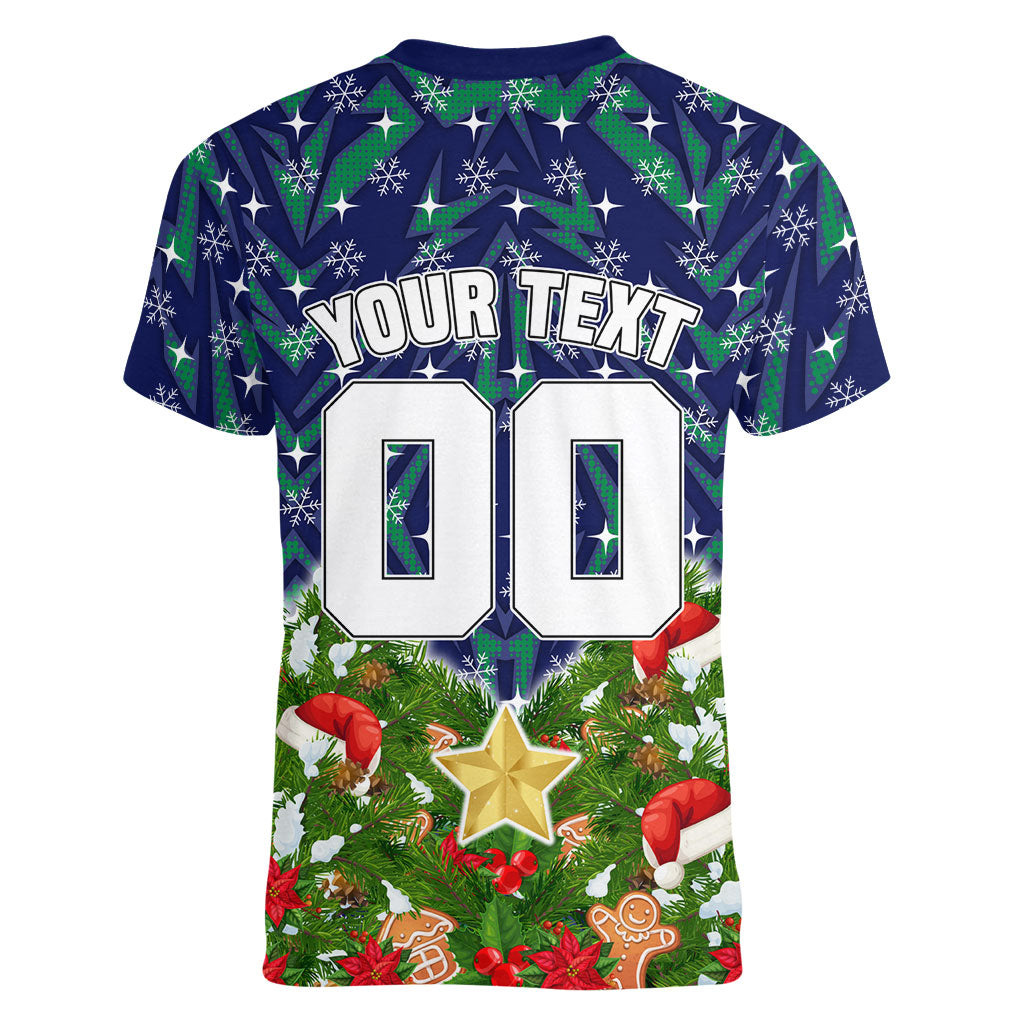 Personalised New Zealand Warriors Rugby Christmas Women V-Neck T-Shirt Santa Rugby Mascot - Pine Wreath Festive