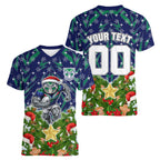 Personalised New Zealand Warriors Rugby Christmas Women V-Neck T-Shirt Santa Rugby Mascot - Pine Wreath Festive