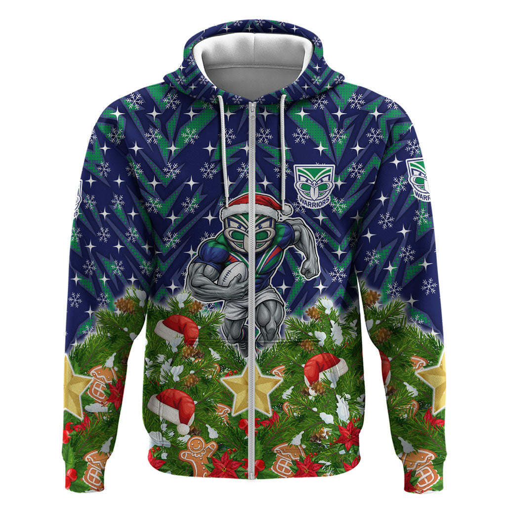 Personalised New Zealand Warriors Rugby Christmas Zip Hoodie Santa Rugby Mascot - Pine Wreath Festive