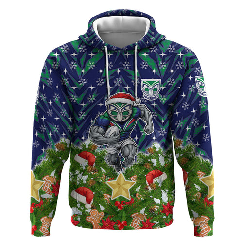 Personalised New Zealand Warriors Rugby Christmas Zip Hoodie Santa Rugby Mascot - Pine Wreath Festive