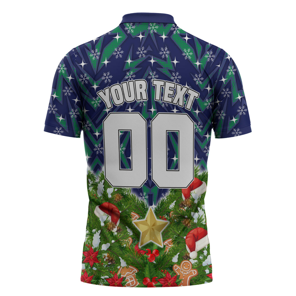 Personalised New Zealand Warriors Rugby Christmas Zipper Polo Shirt Santa Rugby Mascot - Pine Wreath Festive