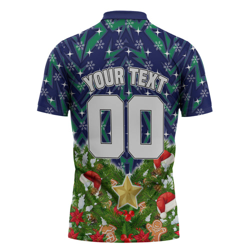 Personalised New Zealand Warriors Rugby Christmas Zipper Polo Shirt Santa Rugby Mascot - Pine Wreath Festive
