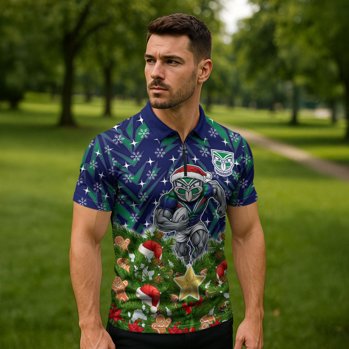Personalised New Zealand Warriors Rugby Christmas Zipper Polo Shirt Santa Rugby Mascot - Pine Wreath Festive