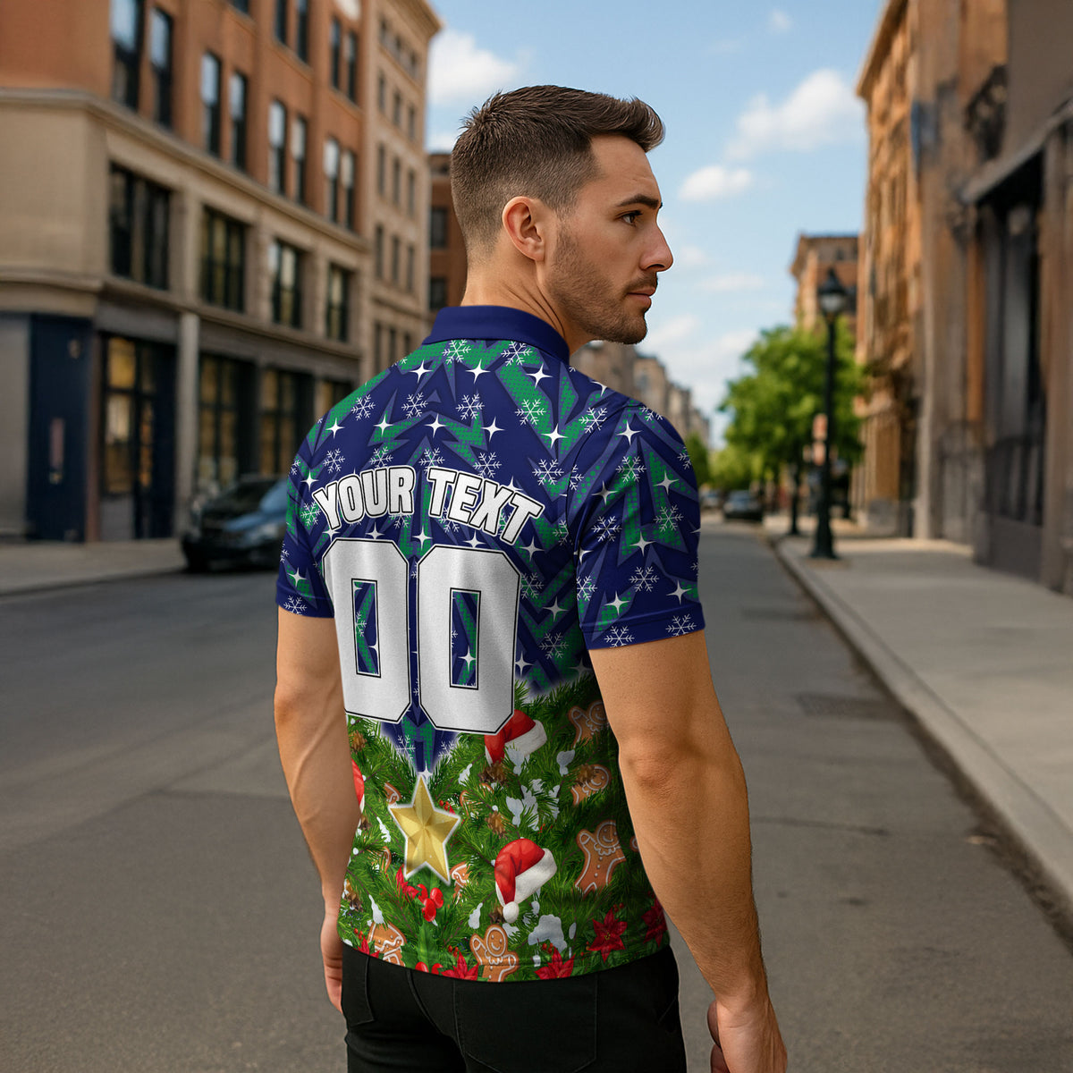 Personalised New Zealand Warriors Rugby Christmas Zipper Polo Shirt Santa Rugby Mascot - Pine Wreath Festive