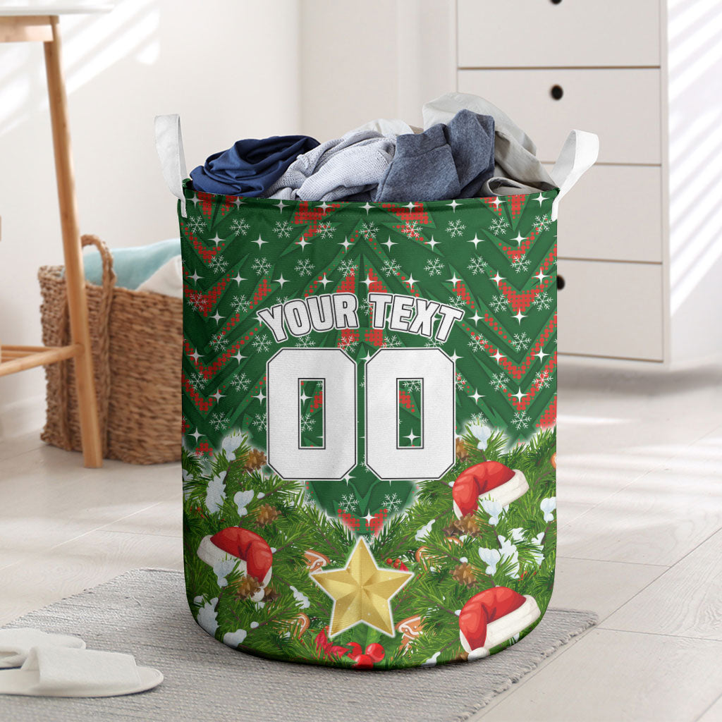 Personalised Rabbitohs Rugby Christmas Laundry Basket Santa Rugby Mascot - Pine Wreath Festive