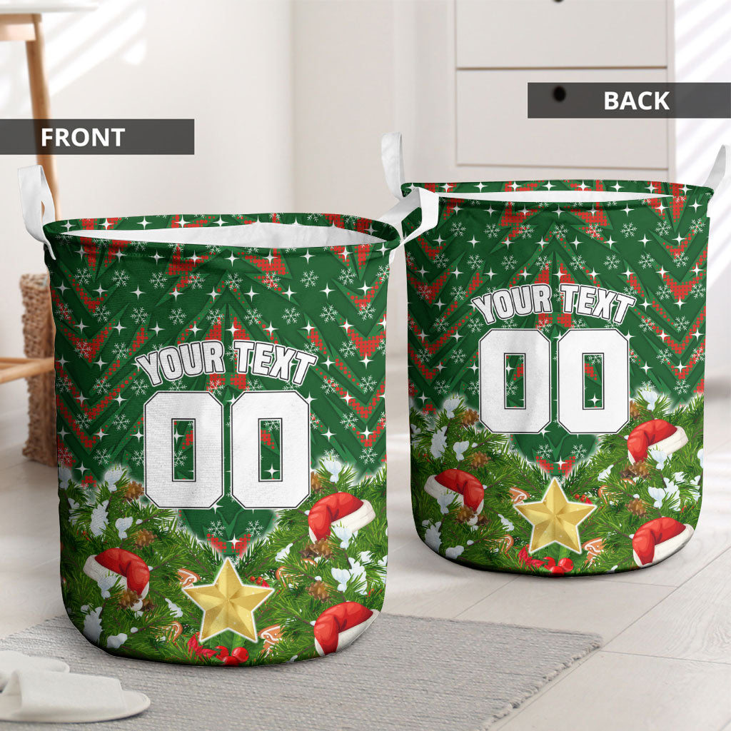 Personalised Rabbitohs Rugby Christmas Laundry Basket Santa Rugby Mascot - Pine Wreath Festive